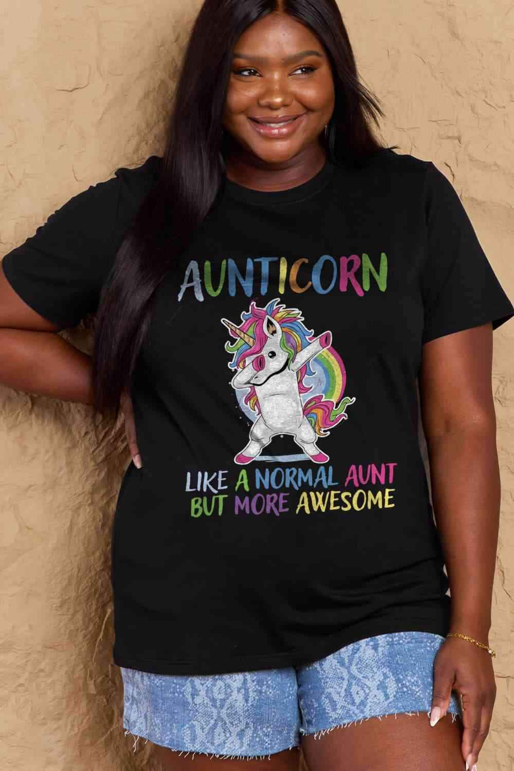 Simply Love Full Size AUNTICORN LIKE A NORMAL AUNT BUT MORE AWESOME Graphic Cotton Tee Black Women's T-Shirts - Tophatter Daily Deals