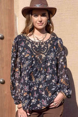 Printed Round Neck Long Sleeve Blouse Blouses - Tophatter Daily Deals