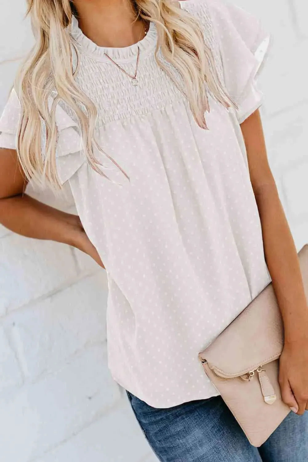 Layered Flutter Sleeve Smocked Blouse Blouses - Tophatter Daily Deals