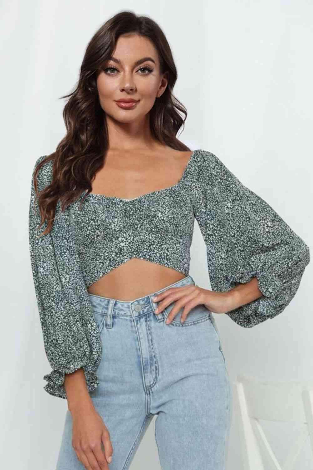 Printed Long Flounce Sleeve Cropped Blouse French Blue Blouses - Tophatter Daily Deals