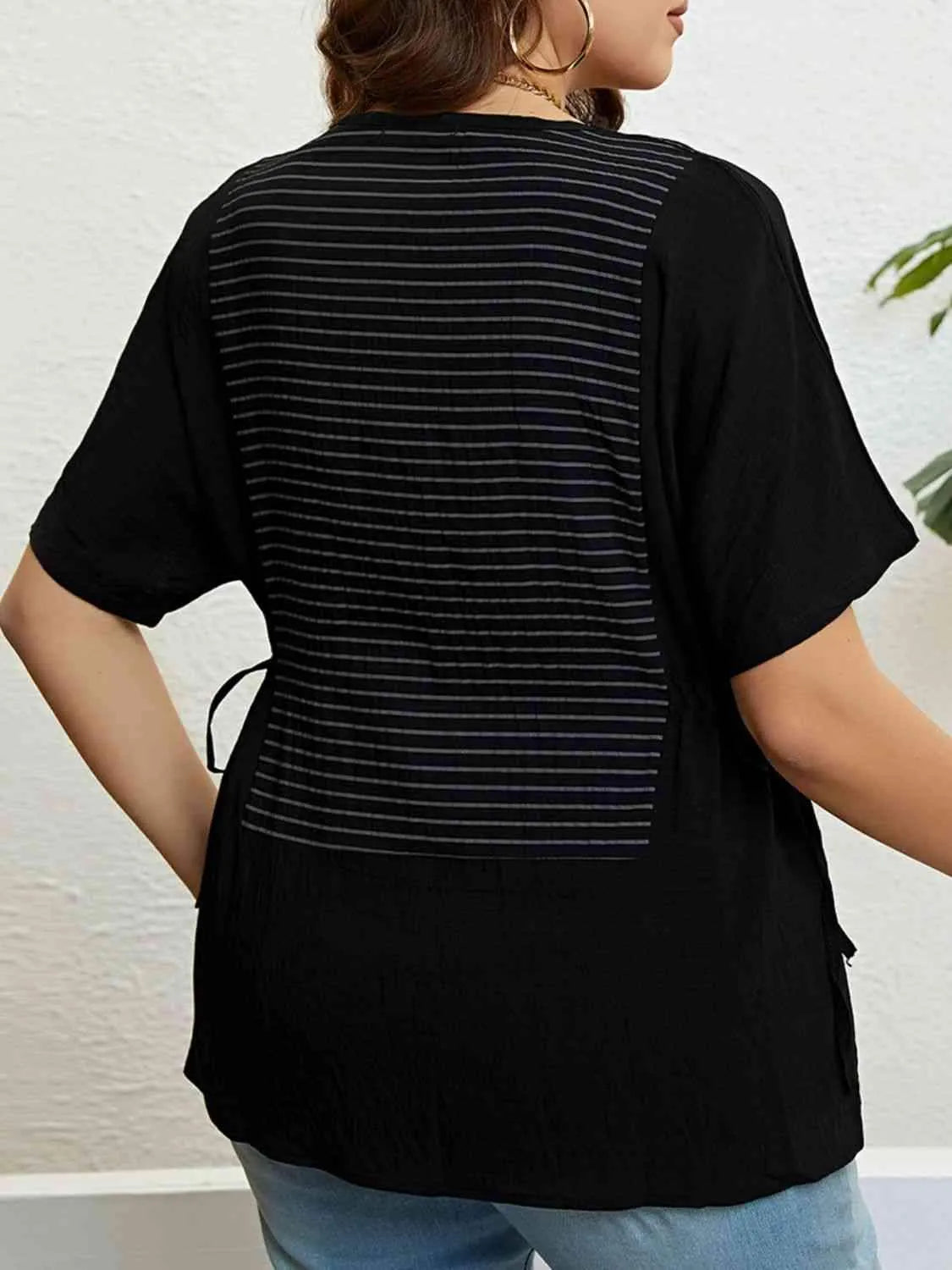 Plus Size Striped Drawstring Slit Top Blouses - Tophatter Daily Deals