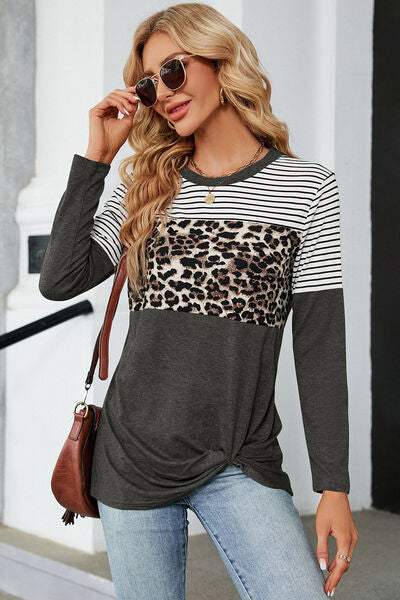 Leopard Striped Round Neck T-Shirt Charcoal Women's T-Shirts - Tophatter Daily Deals