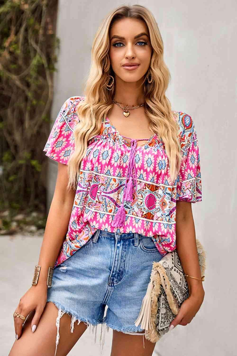 Bohemian Tied Flutter Sleeve Blouse Fuchsia Pink Blouses - Tophatter Daily Deals