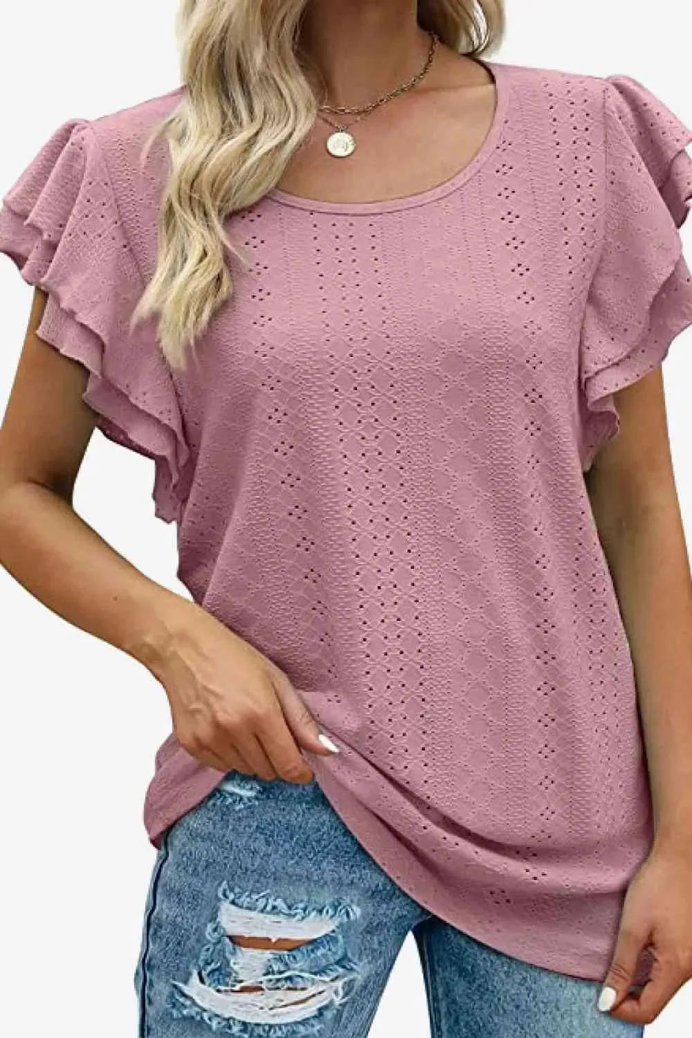 Round Neck Layered Flutter Sleeve Blouse Blouses - Tophatter Daily Deals