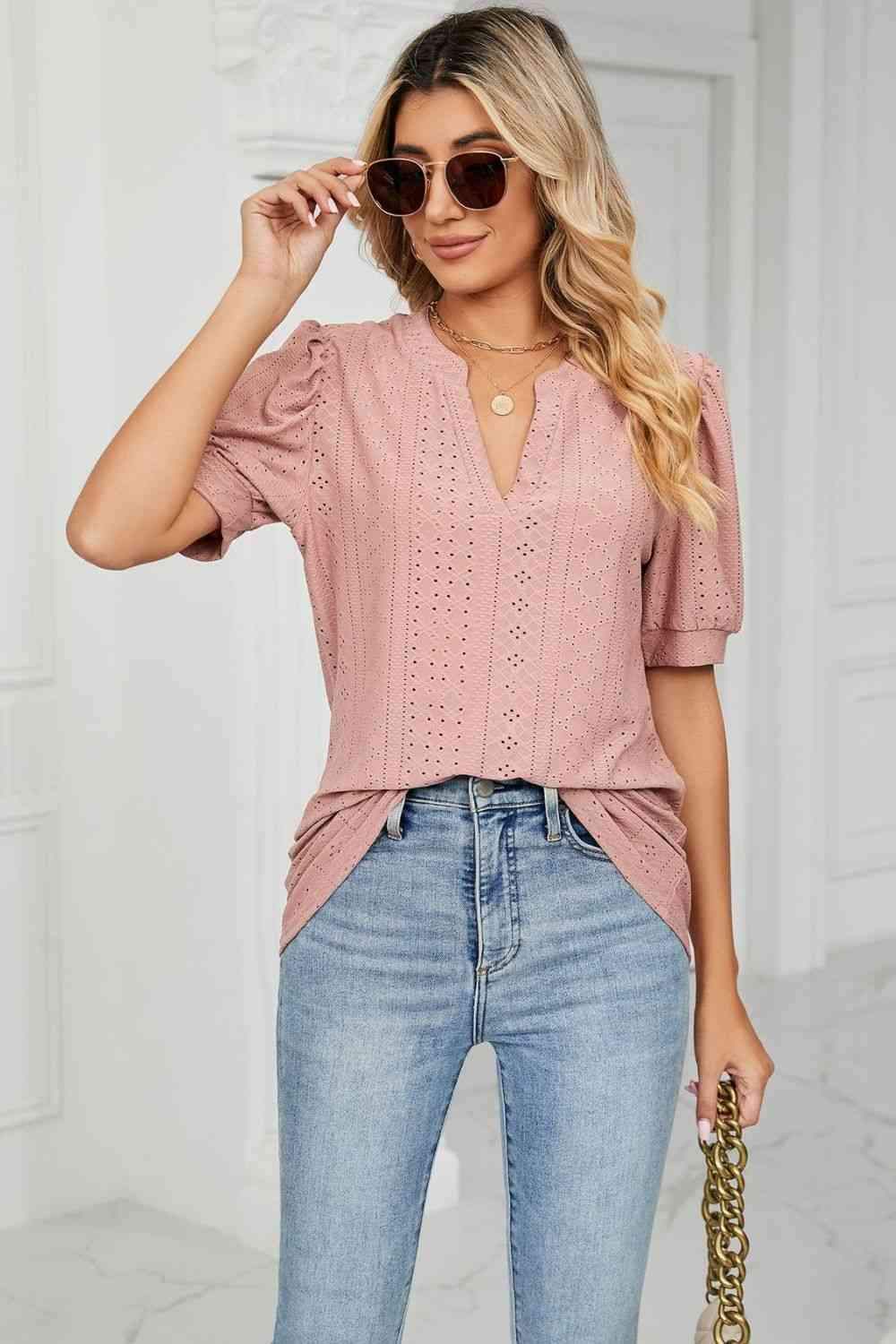 Eyelet Short Puff Sleeve Notched Neck Top Blouses - Tophatter Daily Deals