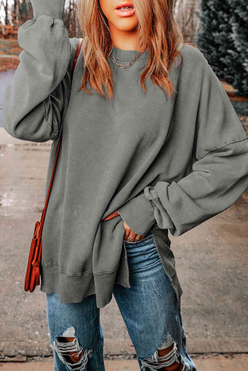 Dropped Shoulder Round Neck Long Sleeve Blouse - Tophatter Deals