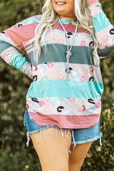 Plus Size Striped Slit Long Sleeve T-Shirt Teal Women's T-Shirts - Tophatter Daily Deals