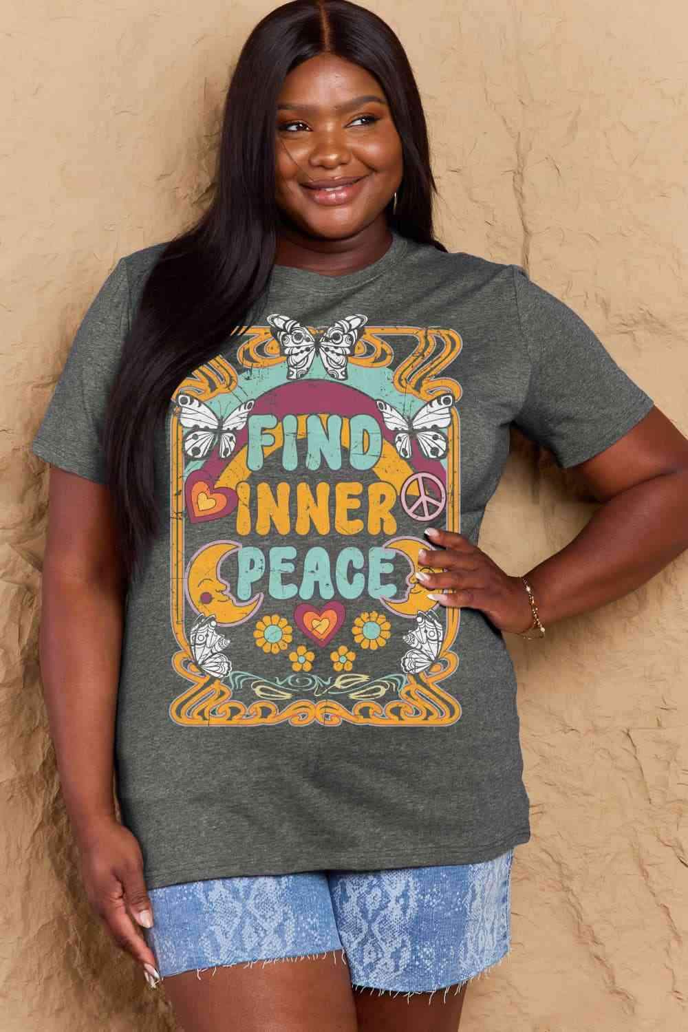 Simply Love Full Size FIND INNER PEACE Graphic Cotton T-Shirt Women's T-Shirts - Tophatter Daily Deals