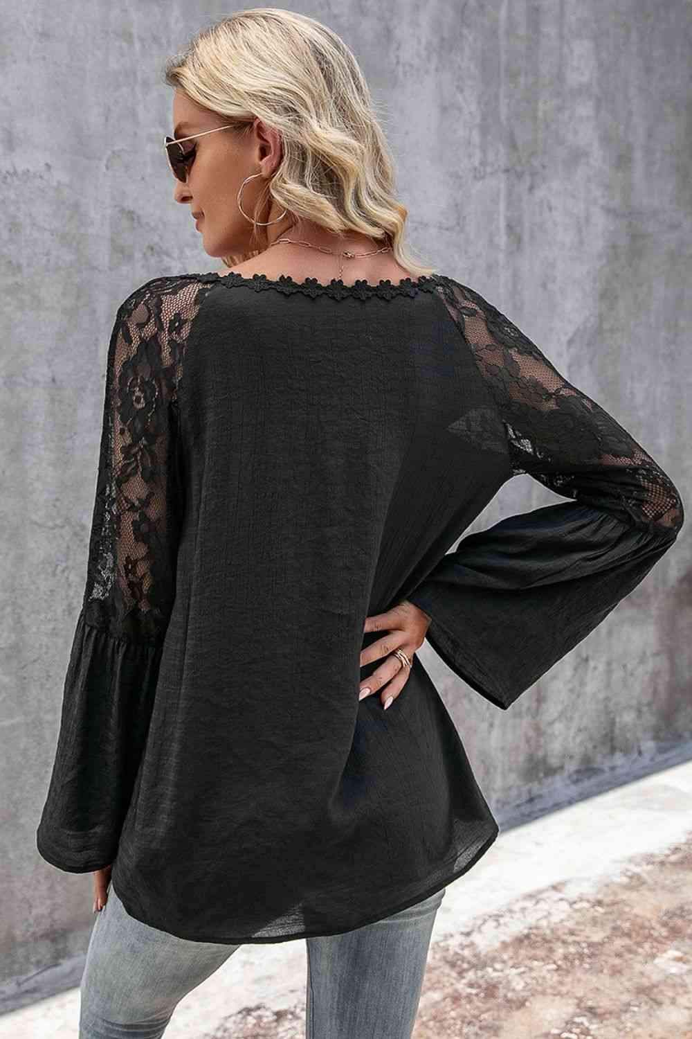 V-Neck Spliced Lace Flare Sleeve Top Blouses - Tophatter Daily Deals