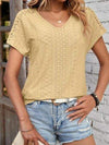 Eyelet V-Neck Short Sleeve T-Shirt Mustard Women's T-Shirts - Tophatter Daily Deals