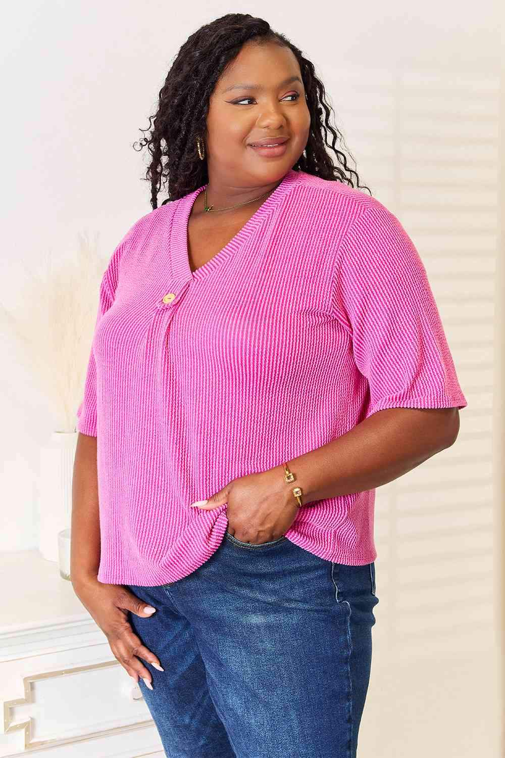 Sew In Love Full Size Ribbed V-Neck Short Sleeve Top Blouses - Tophatter Daily Deals