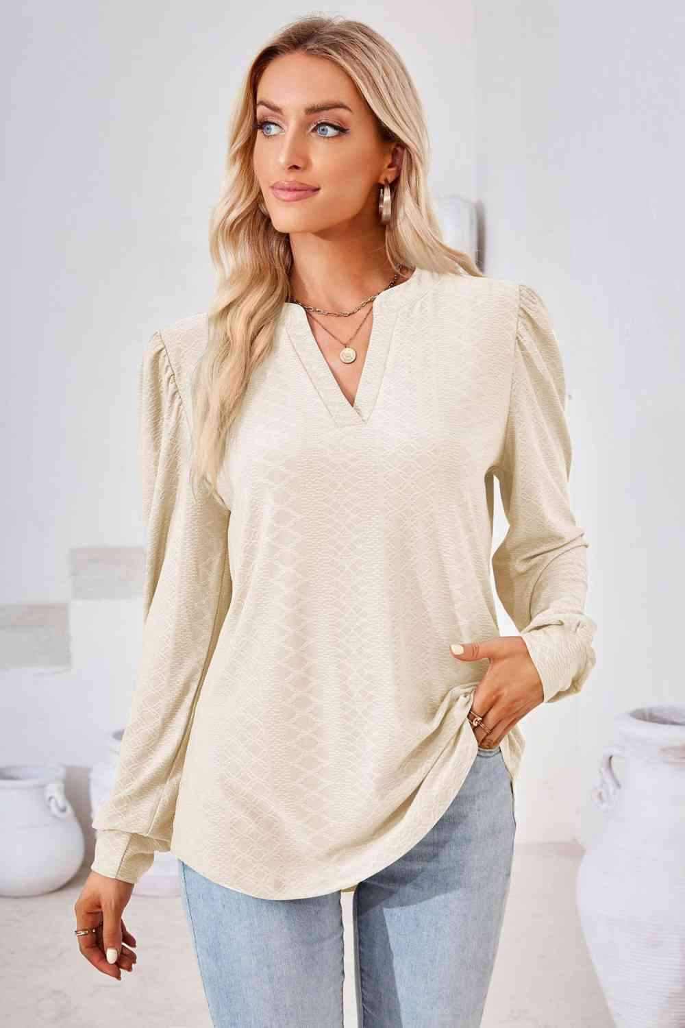 V-Neck Puff Sleeve Blouse Blouses - Tophatter Daily Deals