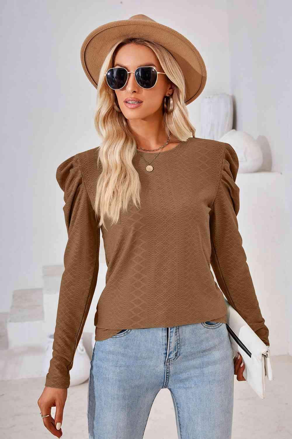 Round Neck Puff Sleeve Blouse Taupe Blouses - Tophatter Daily Deals