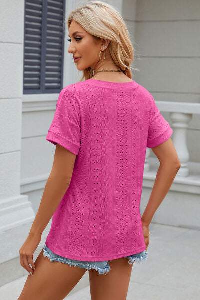 Eyelet V-Neck Short Sleeve T-Shirt Women's T-Shirts - Tophatter Daily Deals