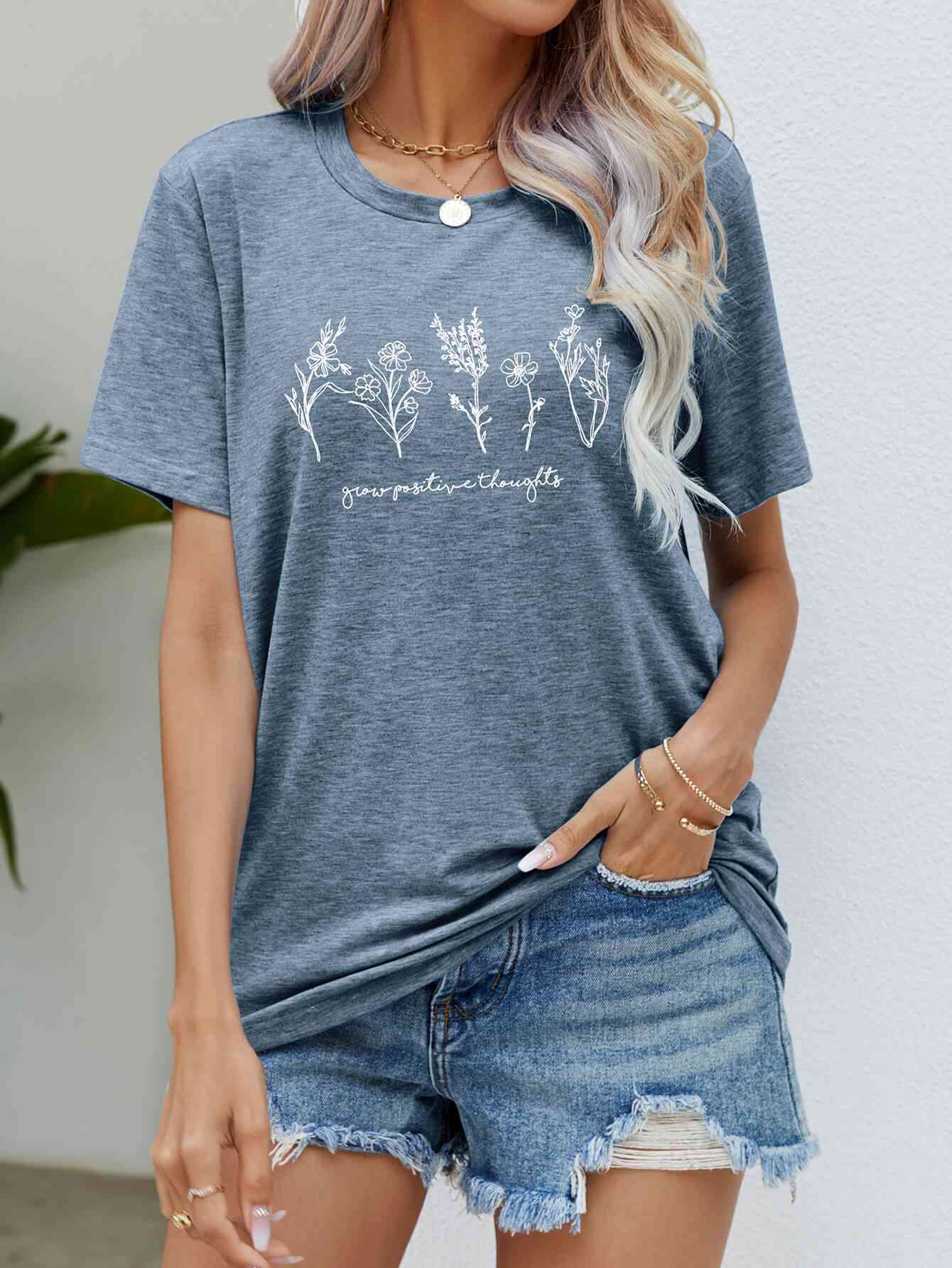 Graphic Round Neck Short Sleeve Tee Misty Blue Women's T-Shirts - Tophatter Daily Deals