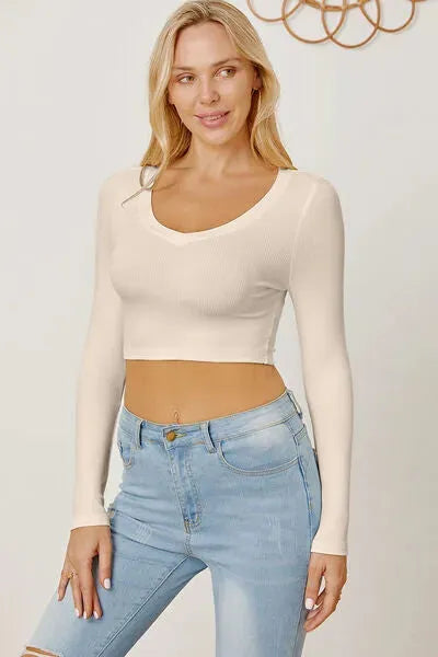 Round Neck Long Sleeve Cropped T-Shirt Women's T-Shirts - Tophatter Daily Deals