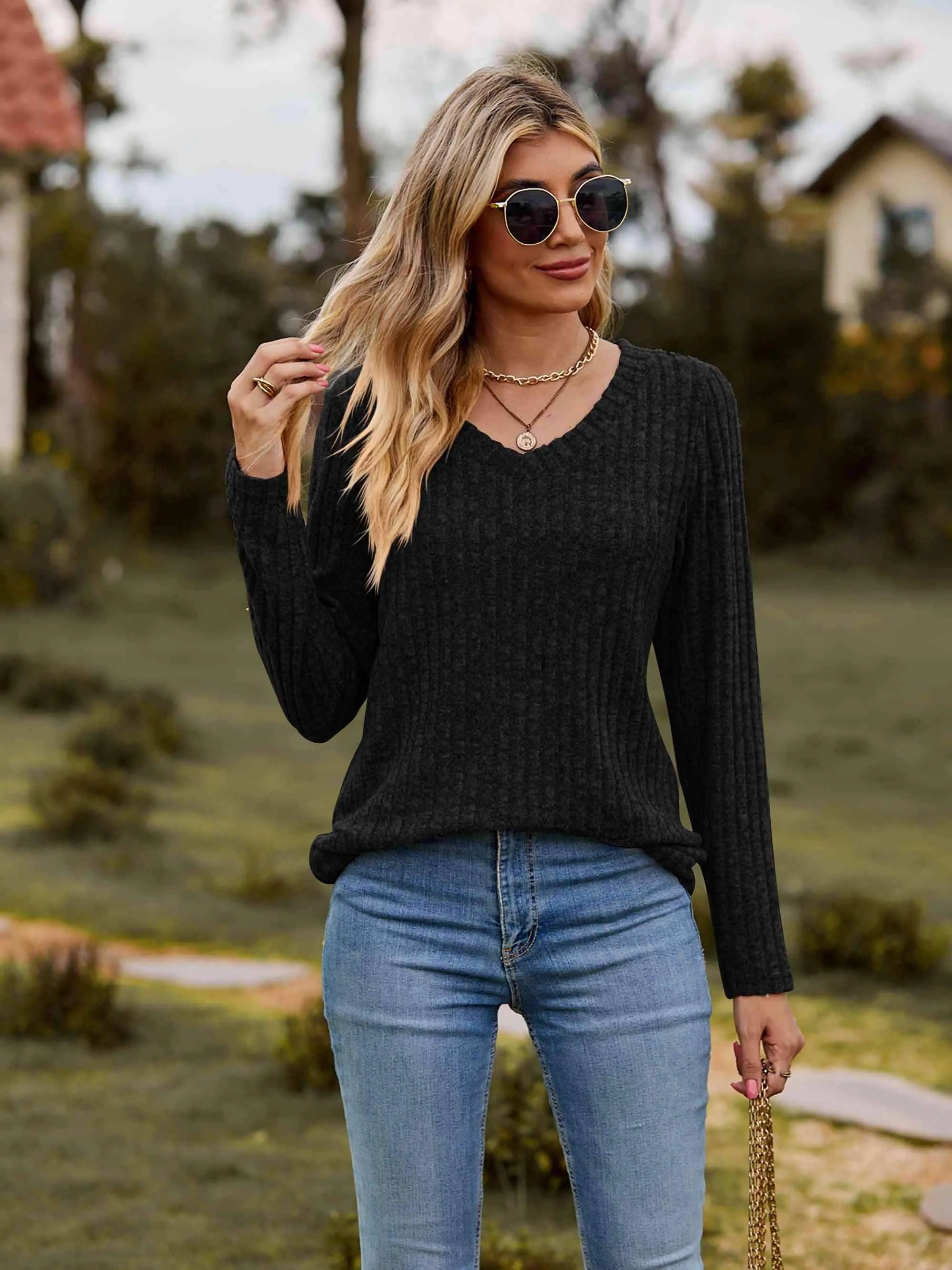 Ribbed V-Neck Long Sleeve Tee Women's T-Shirts - Tophatter Daily Deals