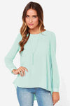 Full Size Round Neck Back Pleated Blouse Light Green Blouses - Tophatter Daily Deals