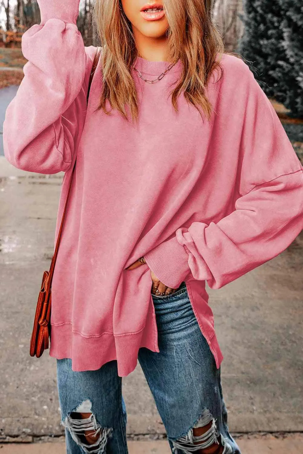 Dropped Shoulder Round Neck Long Sleeve Blouse Blouses - Tophatter Daily Deals