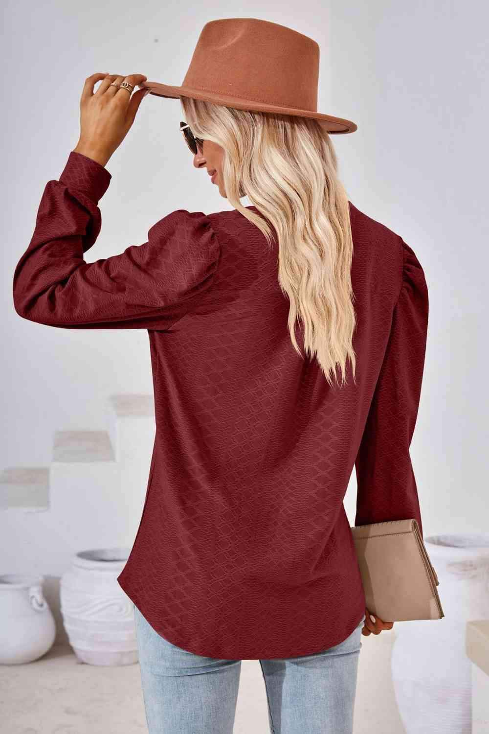 V-Neck Puff Sleeve Blouse Blouses - Tophatter Daily Deals