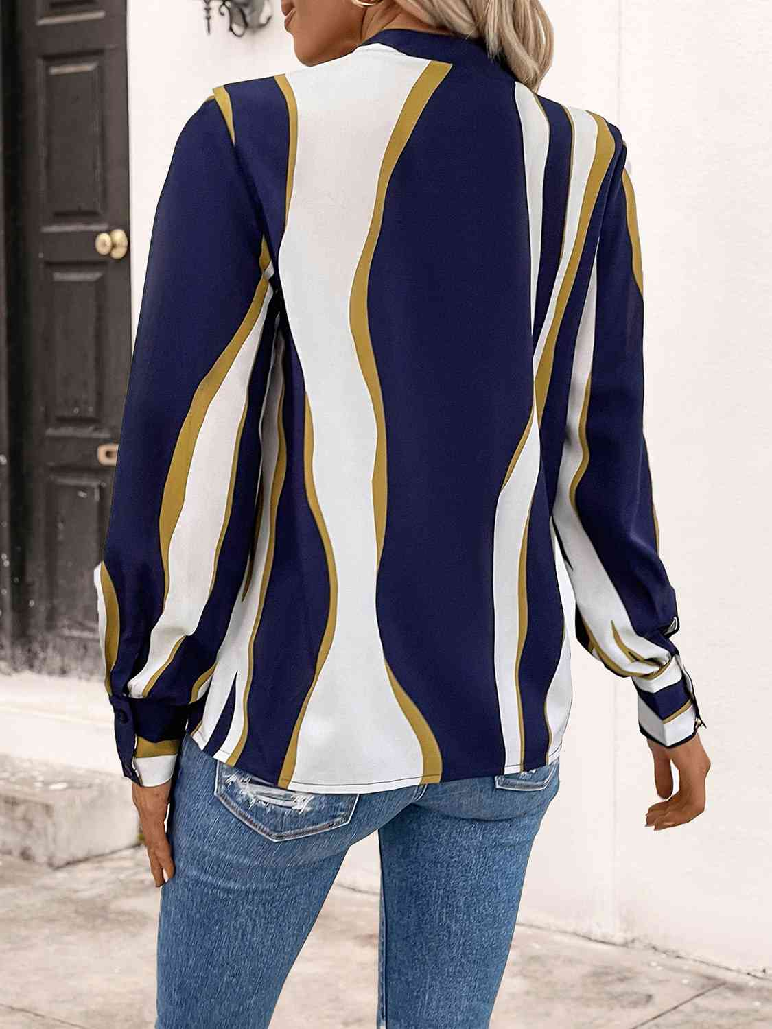 Printed V-Neck Long Sleeve Blouse - Tophatter Deals