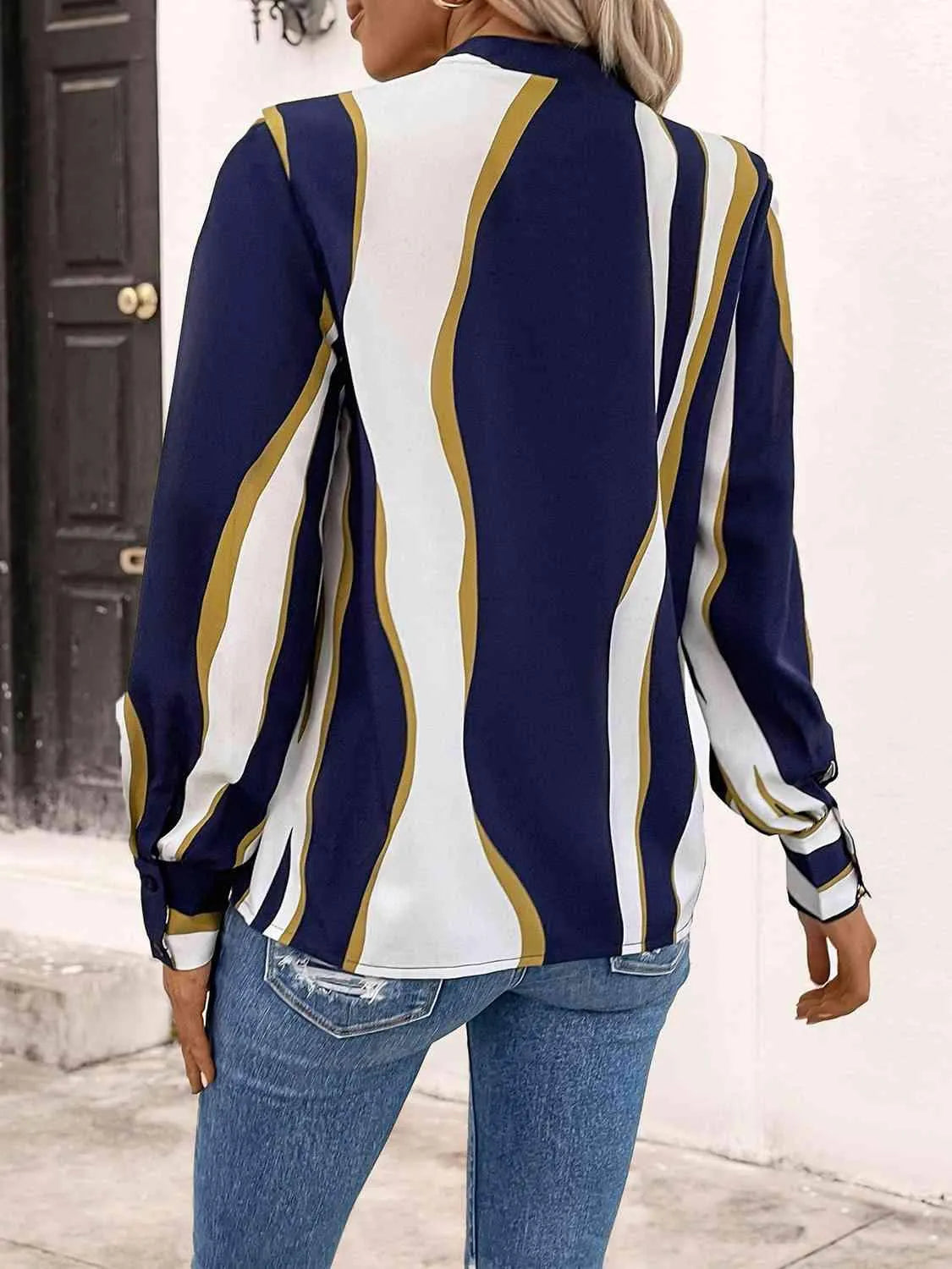 Printed V-Neck Long Sleeve Blouse Blouses - Tophatter Daily Deals