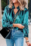 Notched Neck Buttoned Long Sleeve Velvet Blouse Blouses - Tophatter Daily Deals