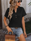 Notched Buttoned Short Sleeve T-Shirt Black Women's T-Shirts - Tophatter Daily Deals