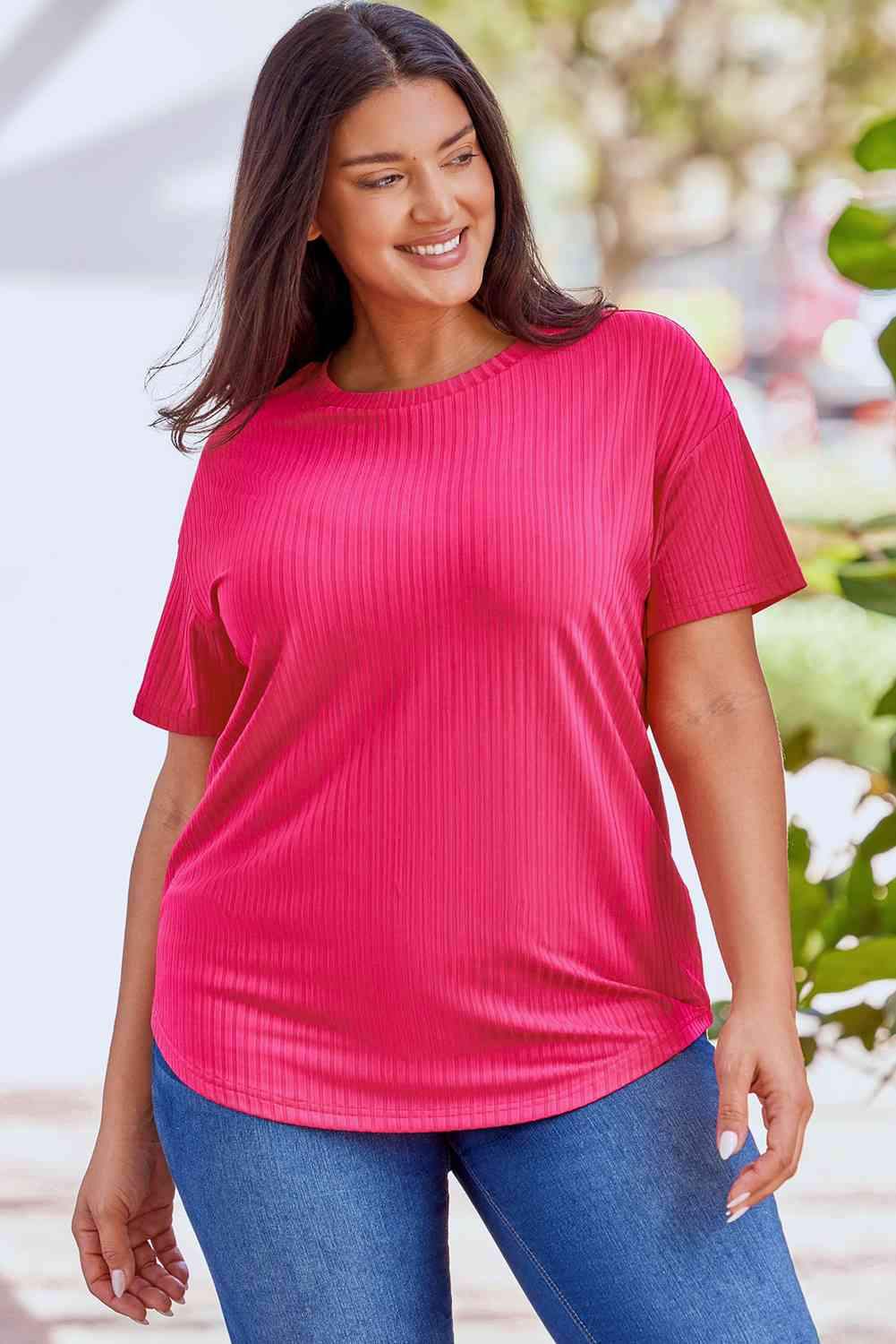 Ribbed Drop Shoulder Curved Hem Top Blouses - Tophatter Daily Deals