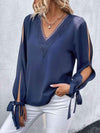 Double Take V-Neck Tie Cuff Slit Blouse Blouses - Tophatter Daily Deals