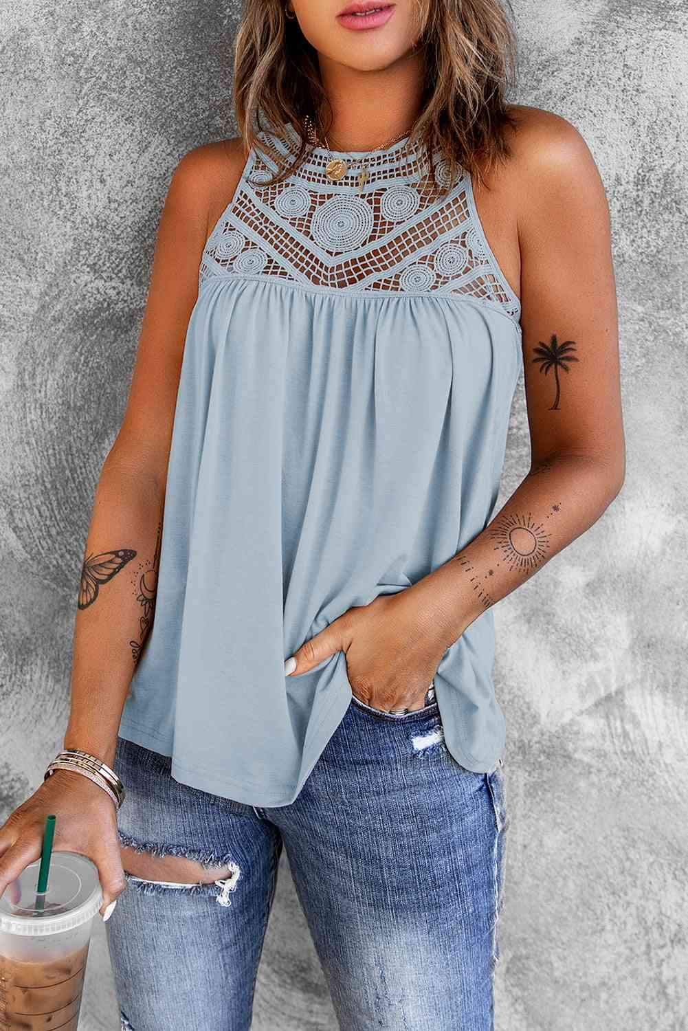 Lace Yoke Grecian Neck Sleeveless Top Pastel Blue Blouses - Tophatter Daily Deals