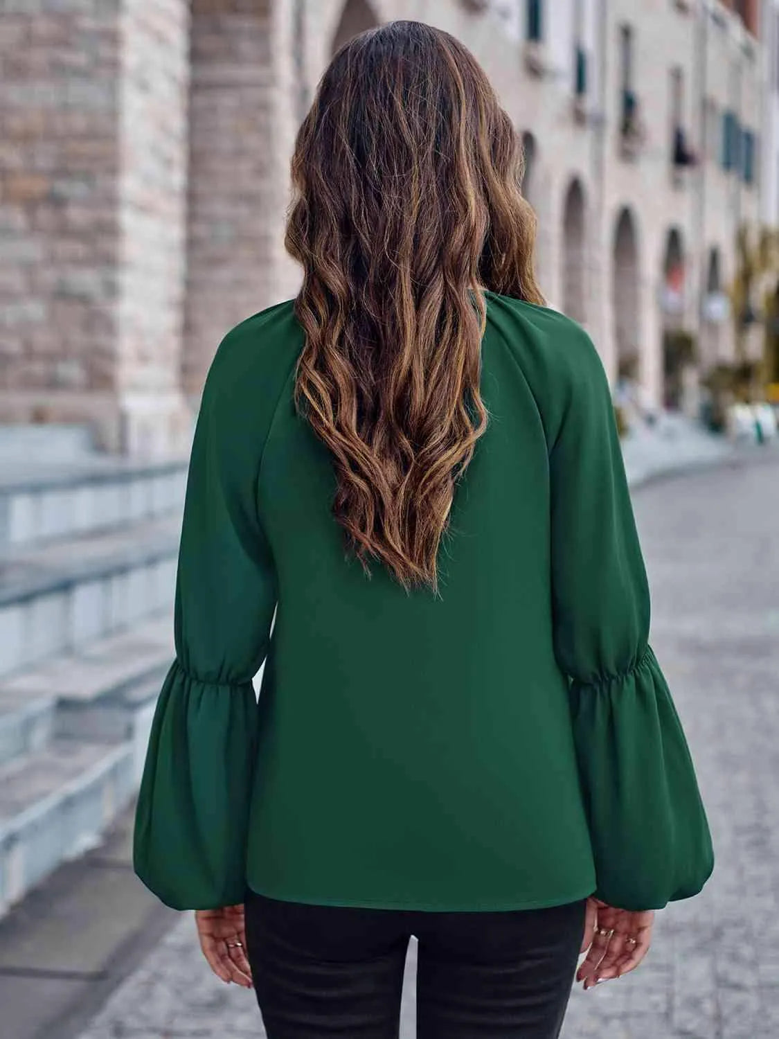 Notched Neck Long Sleeve Top Blouses - Tophatter Daily Deals