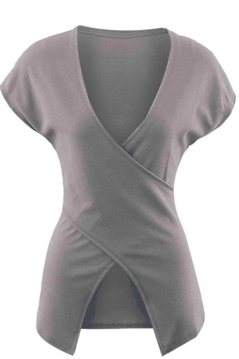 Ribbed Surplice Neck Slit Top Blouses - Tophatter Daily Deals