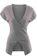 Ribbed Surplice Neck Slit Top Blouses - Tophatter Daily Deals