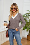 Lace Detailed V Neck Top Taupe Women's T-Shirts - Tophatter Daily Deals