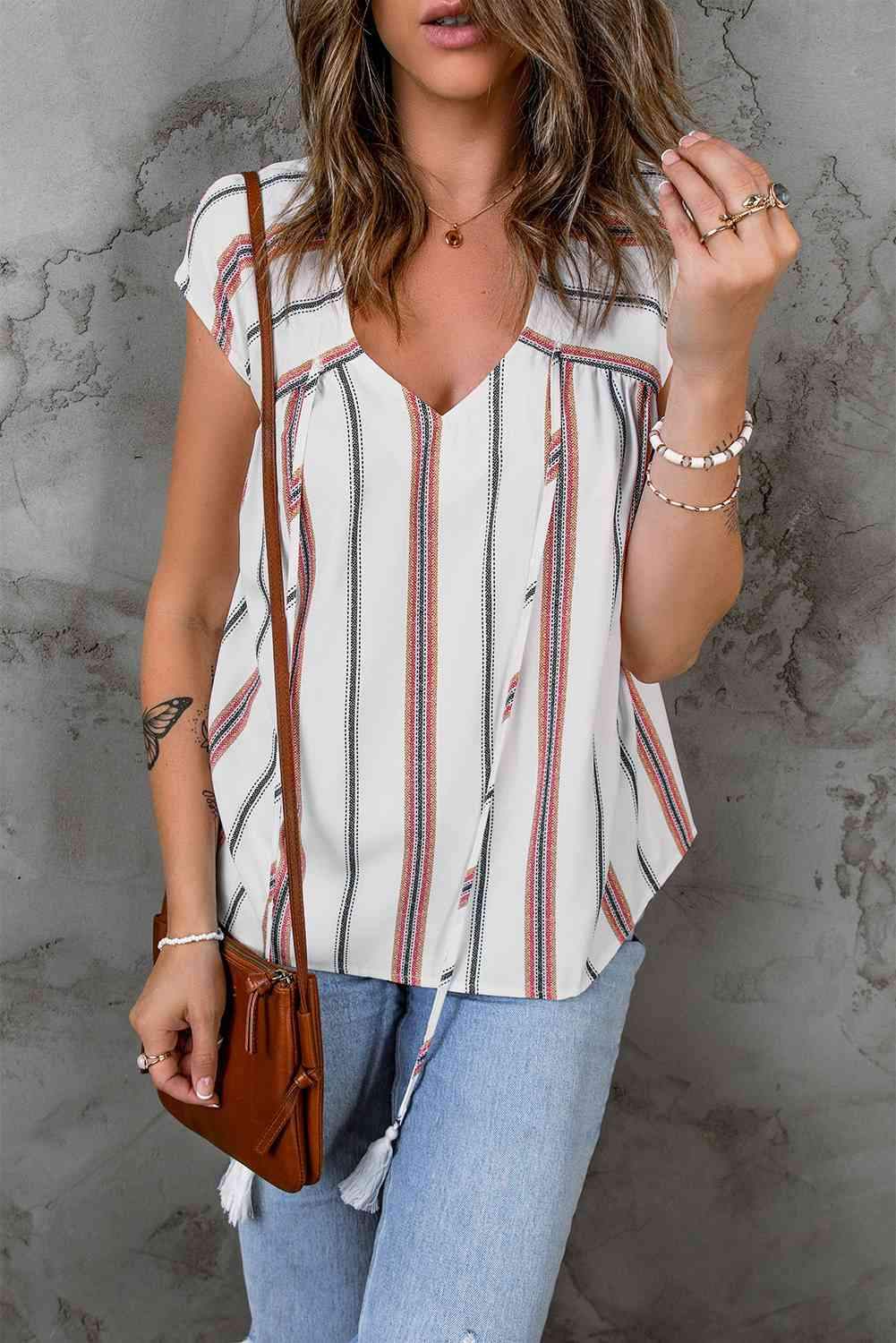 Striped V-Neck Tassel Tie Blouse Blouses - Tophatter Daily Deals