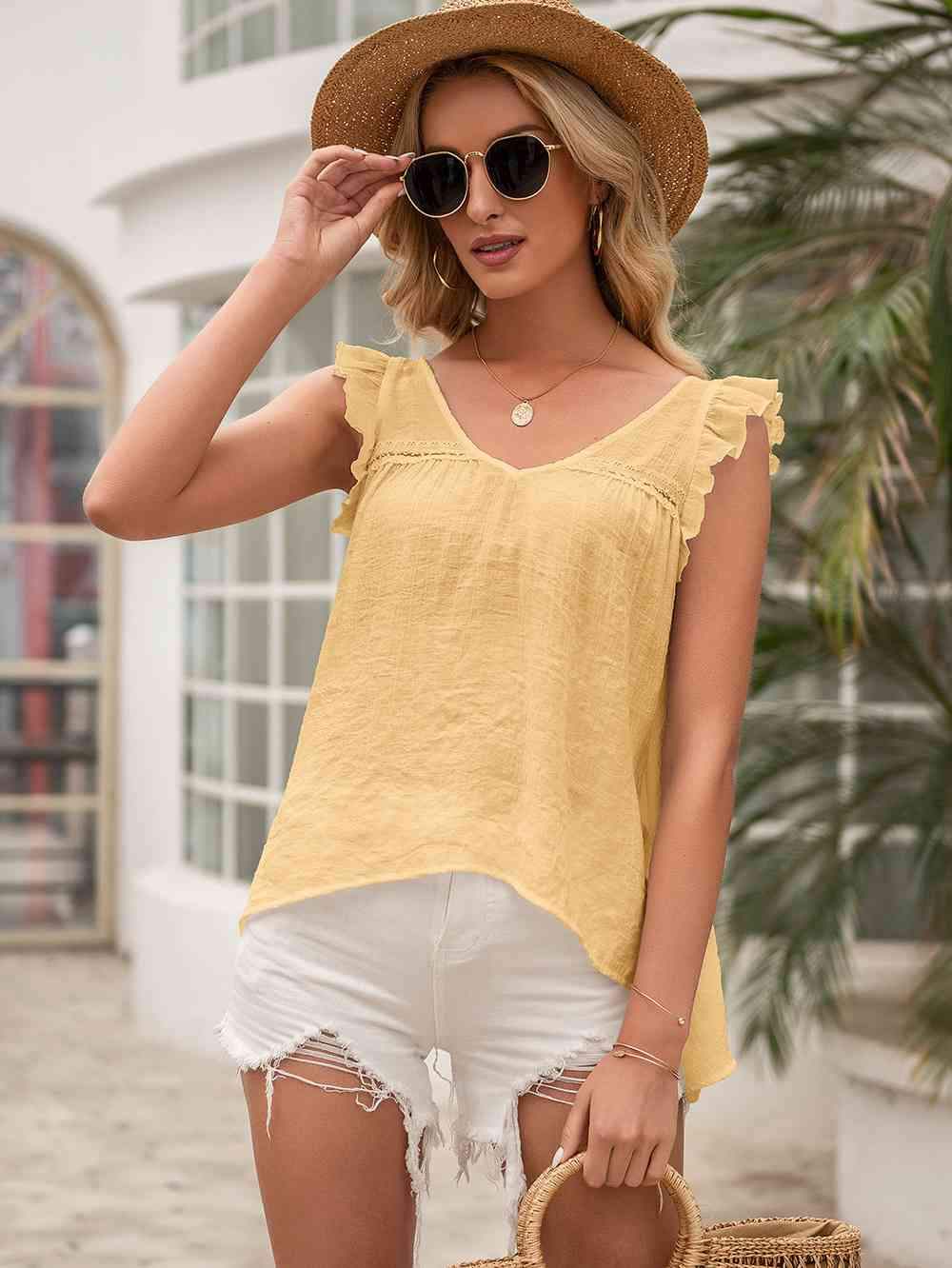 Tie Back V-Neck Ruffled Blouse Blouses - Tophatter Daily Deals