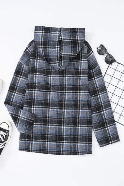 Plaid Long Sleeve Buttoned Hoodie Blouses - Tophatter Daily Deals