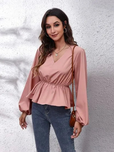 V-Neck Balloon Sleeve Peplum Blouse Dusty Pink Blouses - Tophatter Daily Deals