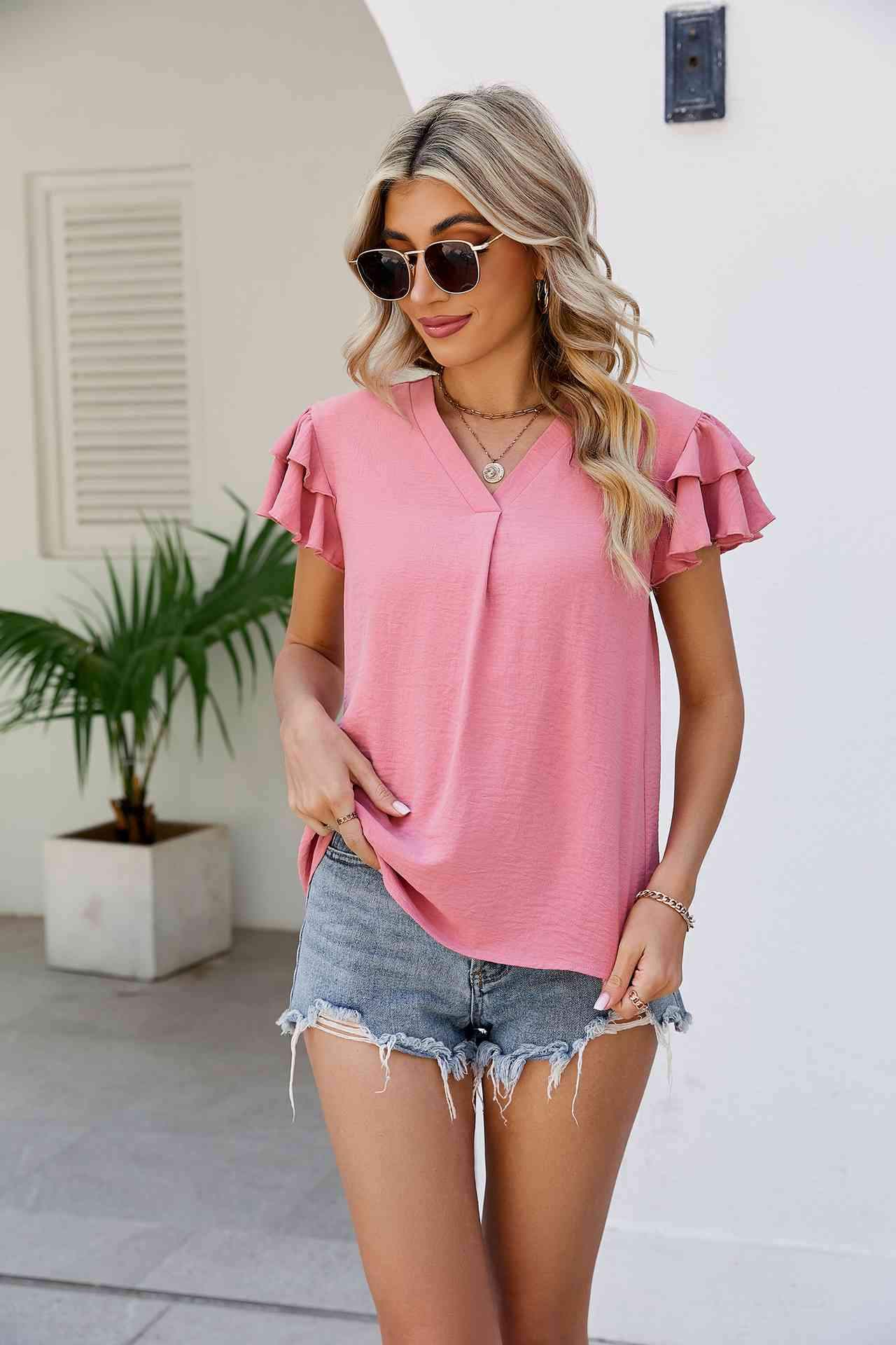 V-Neck Layered Flutter Sleeve Top Carnation Pink Blouses - Tophatter Daily Deals