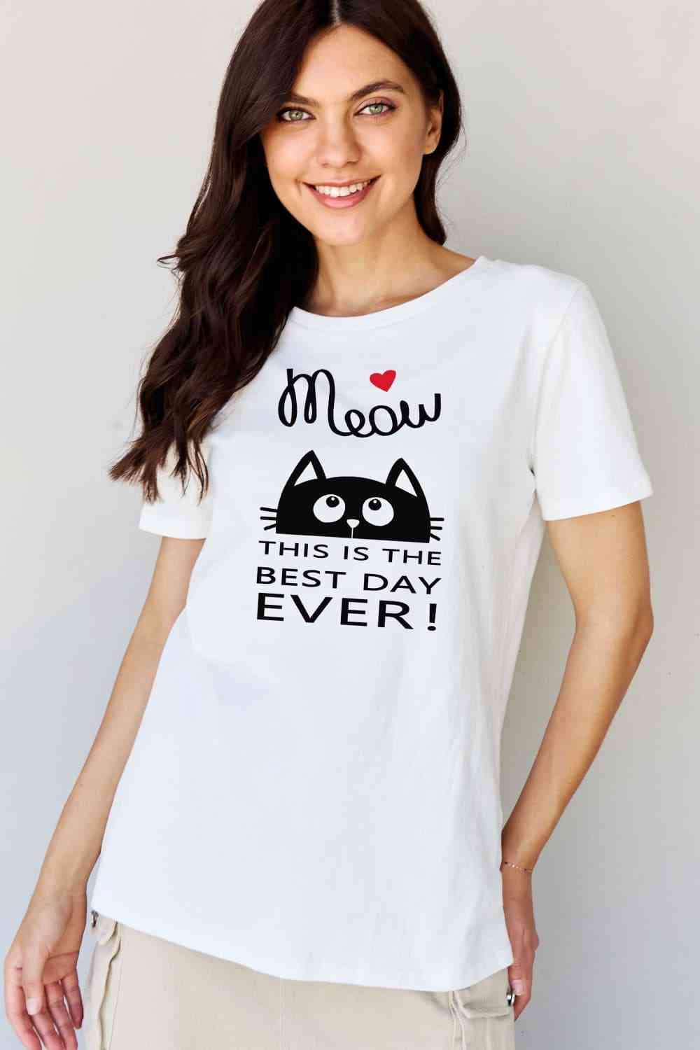 Simply Love Full Size MEOW THIS IS THE BEST DAY EVER! Graphic Cotton T-Shirt Women's T-Shirts - Tophatter Daily Deals