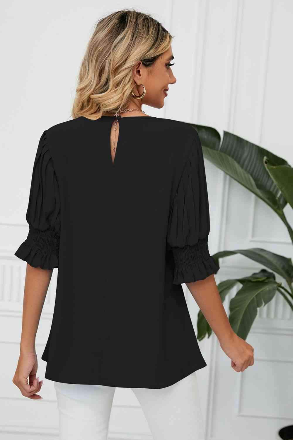 Pleated Flounce Sleeve Keyhole Blouse Blouses - Tophatter Daily Deals