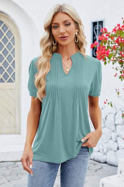 Notched Short Sleeve T-Shirt Gum Leaf Women's T-Shirts - Tophatter Daily Deals