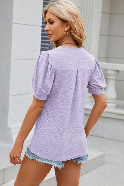 Eyelet Notched Puff Sleeve T-Shirt Women's T-Shirts - Tophatter Daily Deals