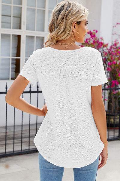 Eyelet Quarter Button Short Sleeve T-Shirt Women's T-Shirts - Tophatter Daily Deals