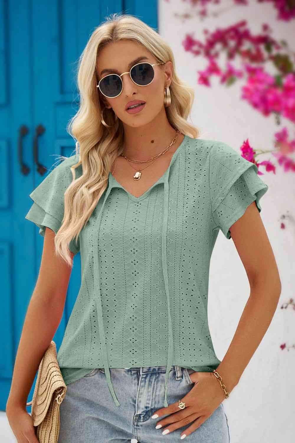 Eyelet Tie-Neck Flutter Sleeve Blouse Blouses - Tophatter Daily Deals