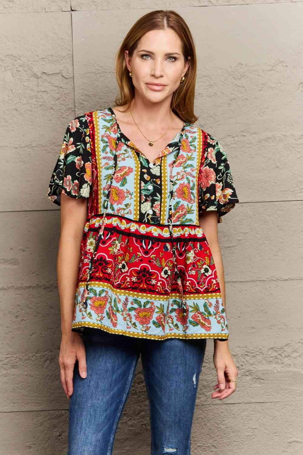 Bohemian Tie-Neck Flutter Sleeve Blouse Blouses - Tophatter Daily Deals