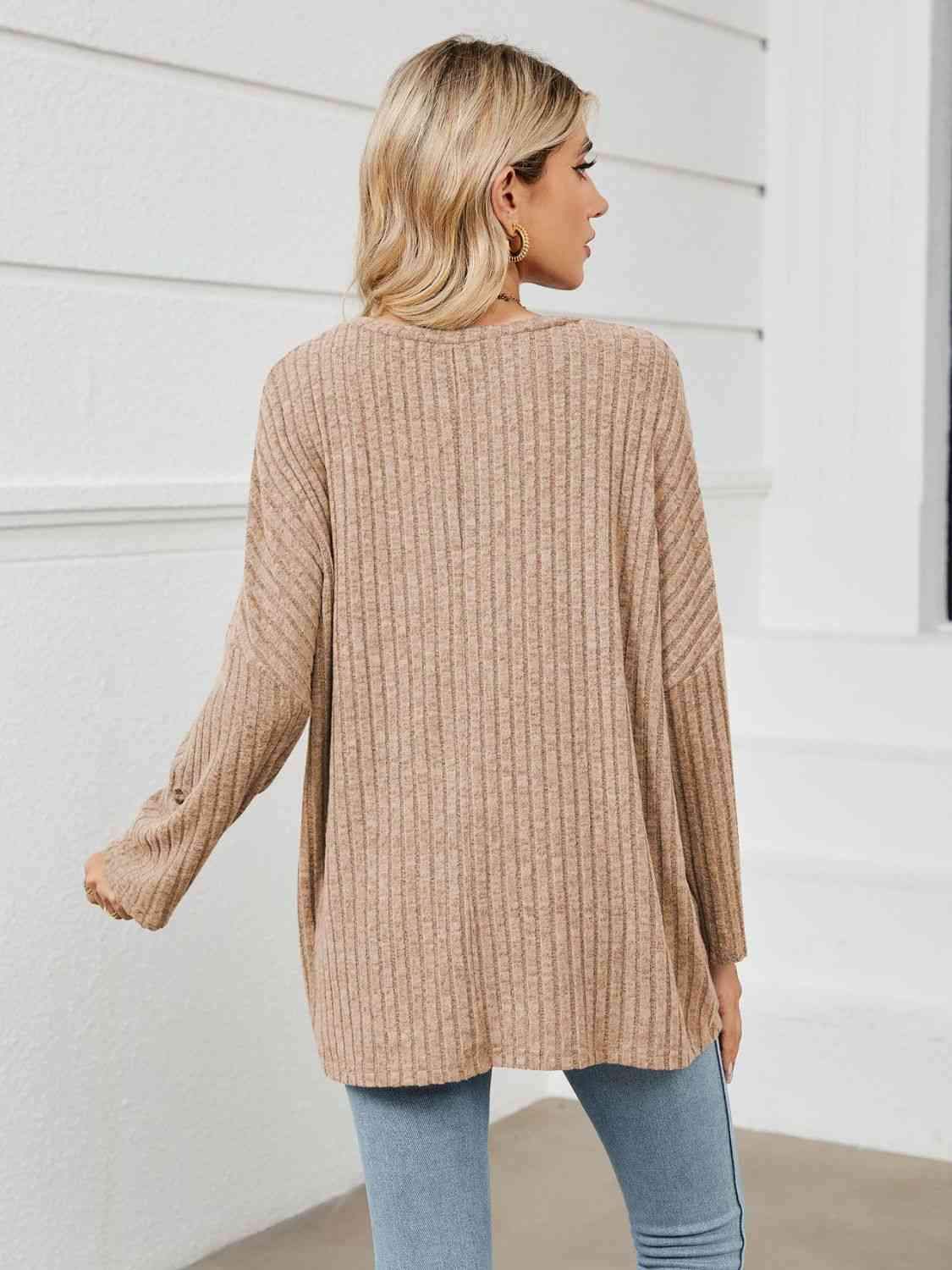 Round Neck Ribbed Long Sleeve T-Shirt Women's T-Shirts - Tophatter Daily Deals