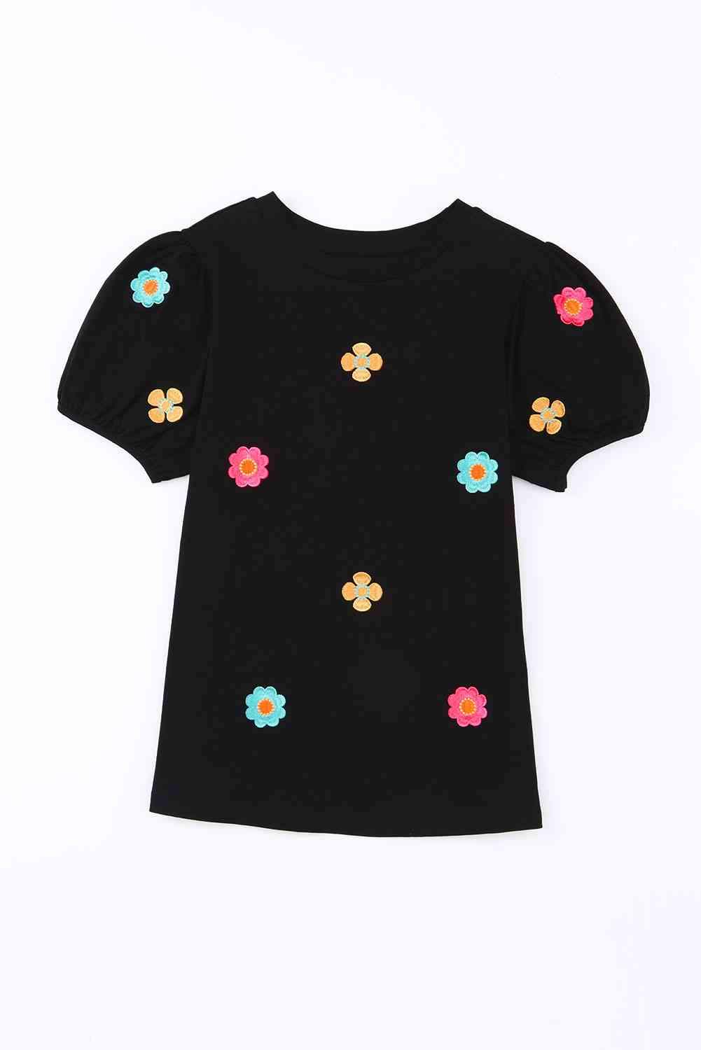 Embroidered Flower Round Neck Puff Sleeve Top Blouses - Tophatter Daily Deals