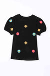 Embroidered Flower Round Neck Puff Sleeve Top Blouses - Tophatter Daily Deals